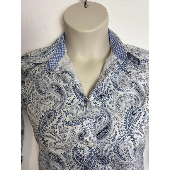Chaps Blue & White Paisley contrast sleeves no iron Shirt size small #0944 - Picture 2 of 7